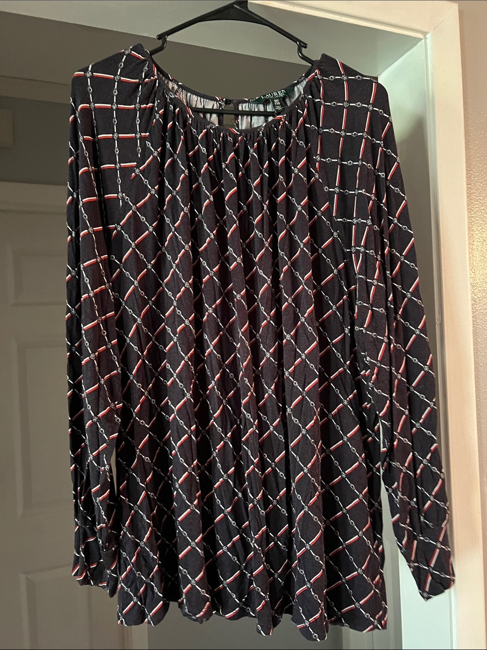 Lauren Ralph Lauren Navy Blue Long-Sleeve Blouse with Red & White Chain Print